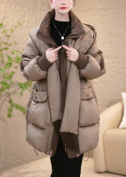 Khaki Zippered Drawstring Removable Patchwork Duck Down Down Coat Hooded