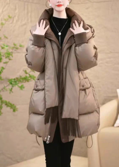 Khaki Zippered Drawstring Removable Patchwork Duck Down Down Coat Hooded