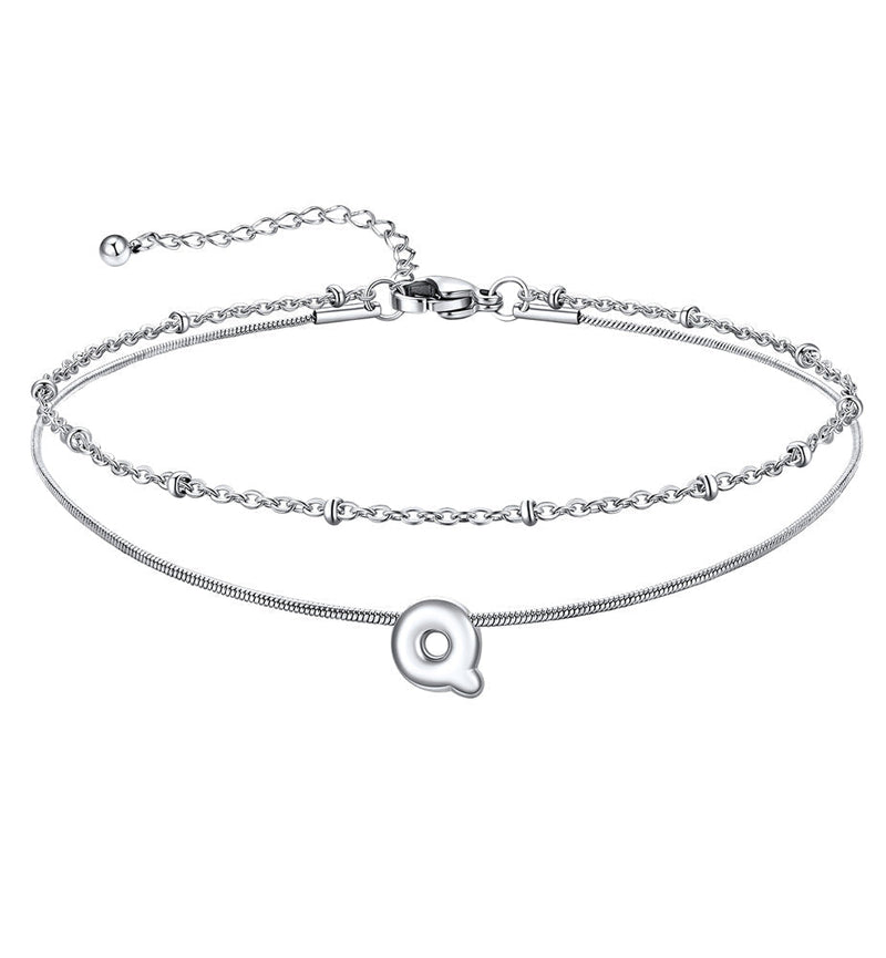 Layered Chain With Beads Bubble Initial Anklets for Mom Gift