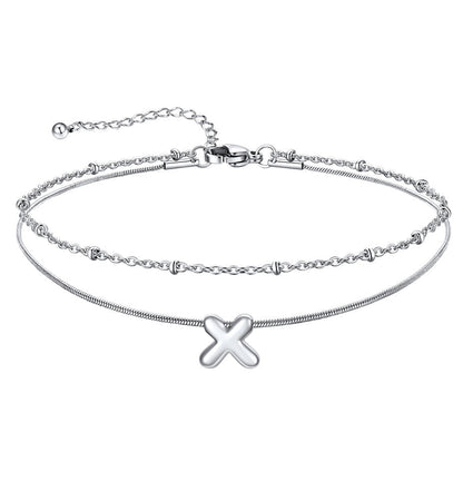 Layered Chain With Beads Bubble Initial Anklets for Mom Gift