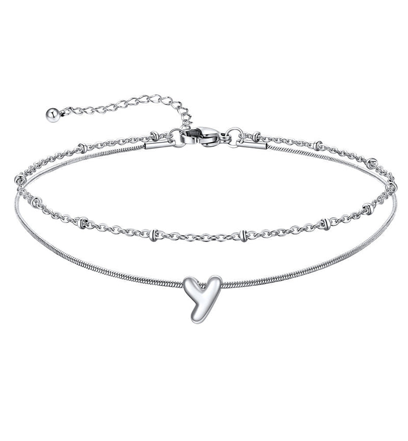 Layered Chain With Beads Bubble Initial Anklets for Mom Gift