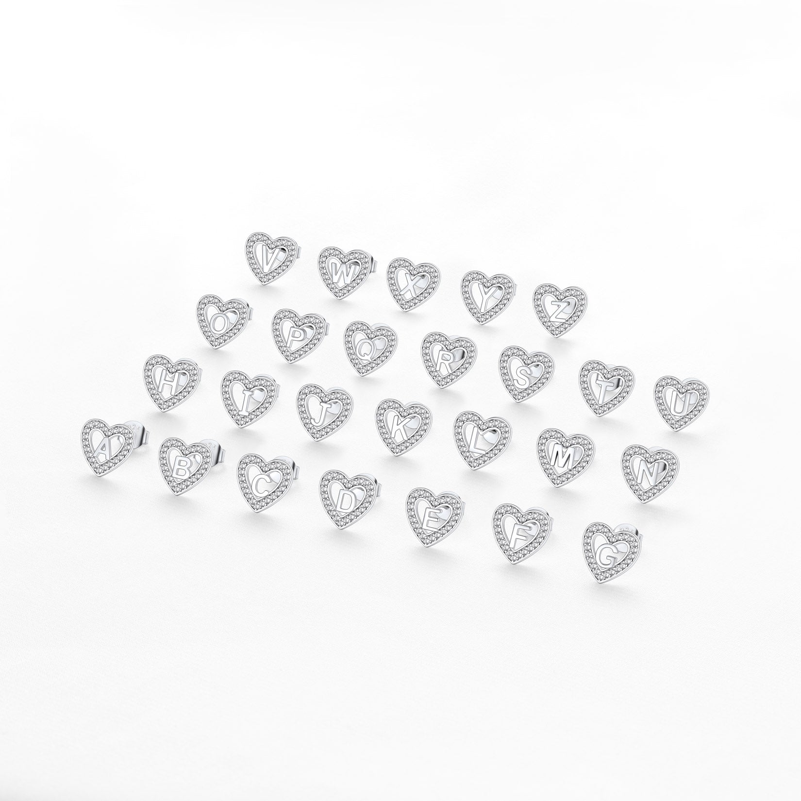 Silver Heart Initial Letter Stud Cubic Zirconia Earrings for Girl