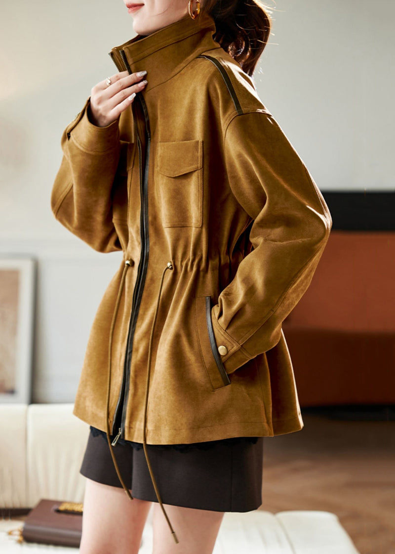 Loose Caramel Stand Collar Drawstring Pockets Cotton Coat Winter