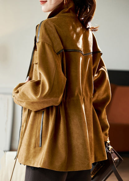 Loose Caramel Stand Collar Drawstring Pockets Cotton Coat Winter