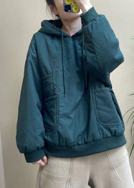 Blue Pockets Drawstring Winter Cotton Hooded Sweatshirt