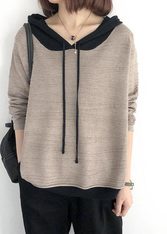 Khaki Hooded Drawstring Patchwork Fall Knit Sweatshirts Top