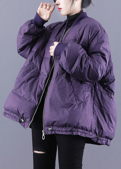 Purple Zippered Pockets Drawstring Winter Down Coats Long Sleeve
