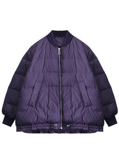 Purple Zippered Pockets Drawstring Winter Down Coats Long Sleeve