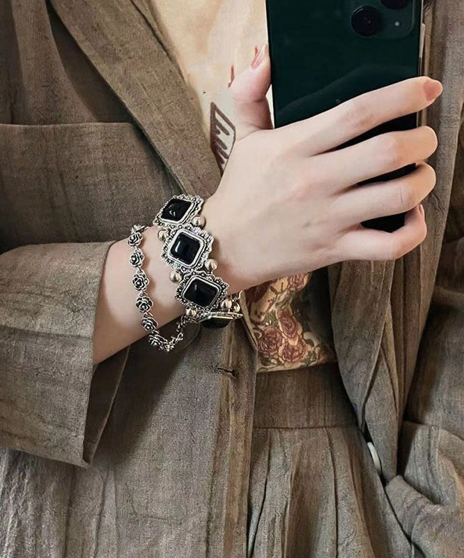 Modern Black Sterling Silver Gem Stone Two-piece Set Chain Bracelet