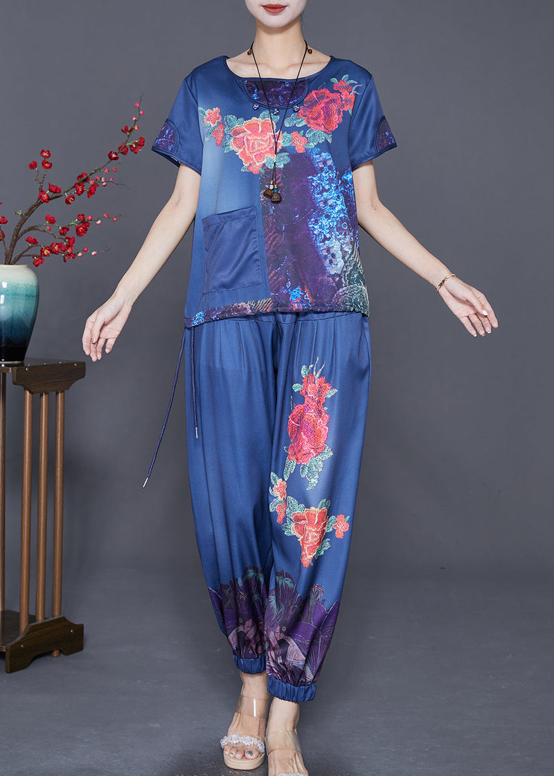 Modern Blue Print Drawstring Pocket Cotton Two Pieces Set Summer