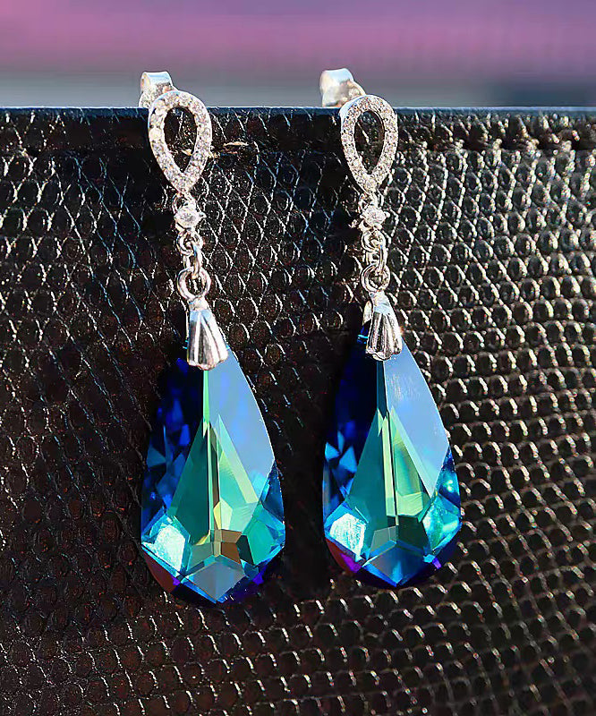 Modern Blue Sterling Silver Crystal Water Droplet Drop Earrings