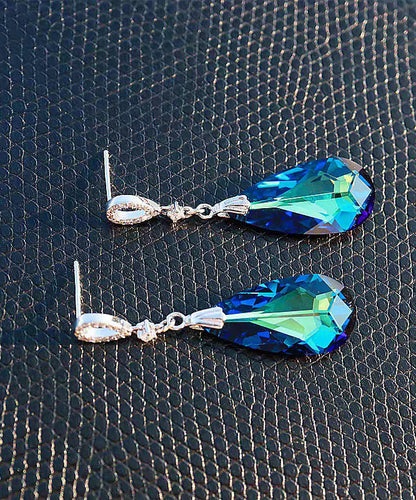 Modern Blue Sterling Silver Crystal Water Droplet Drop Earrings