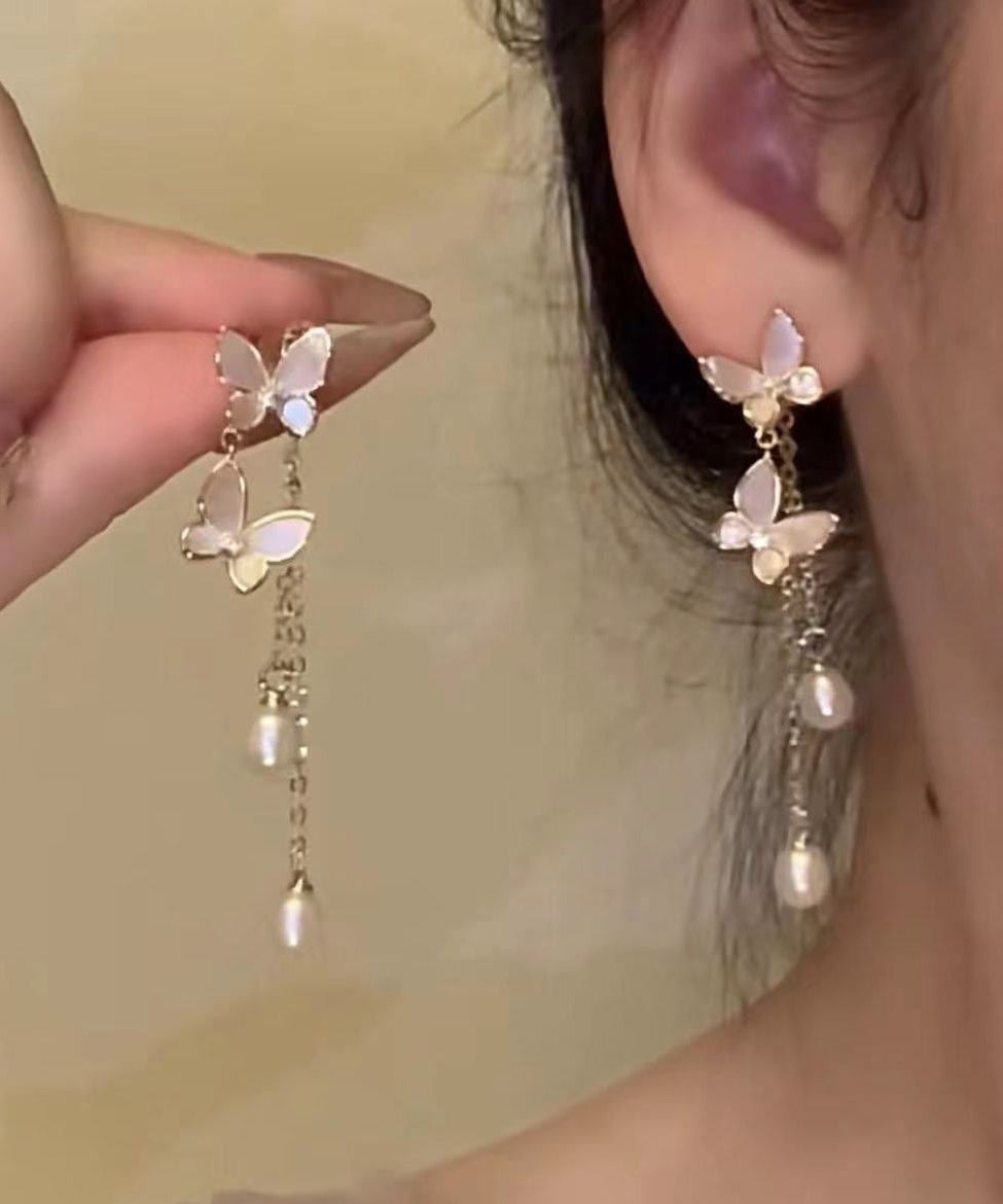 Modern Pearl Alloy Copper Drop Tassel Earrings Gold Butterfly