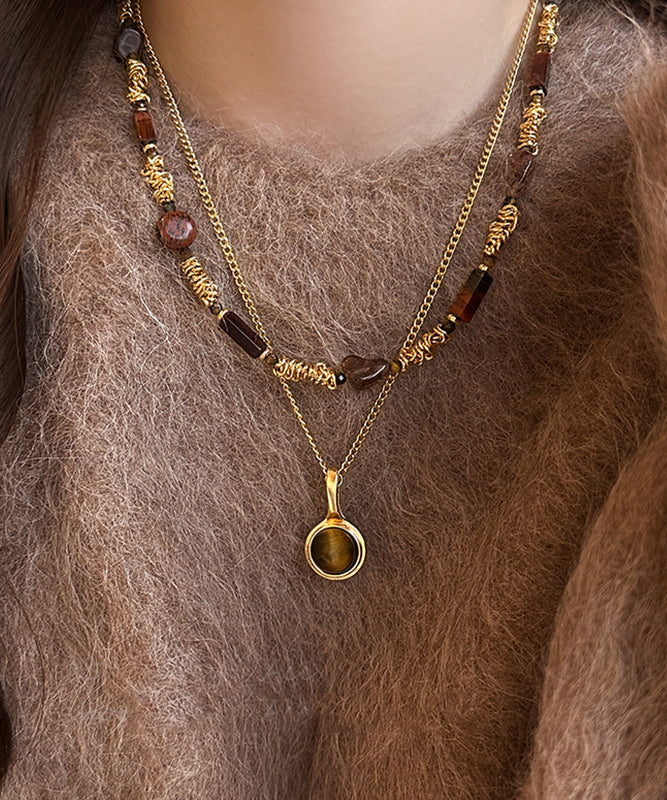Modern Gold Copper Alloy Tiger's Eye Stone Pendant Necklace Two-piece Set
