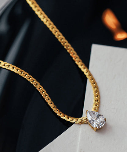 Modern Gold Copper Overgild 14k Gold Zircon Water Drop Pendant Necklace Yi039