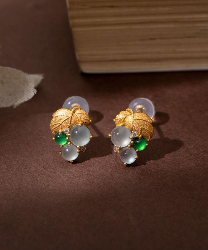 Earrings Gold Stud Overgild Sterling Silver Jade Grape Modern