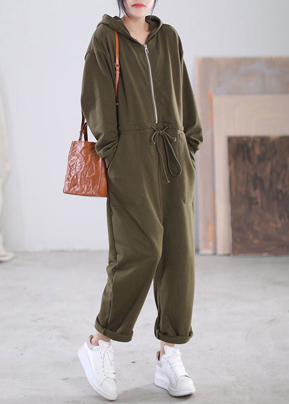 Modern Green Hooded Zippered Drawstring Cotton Overalls Jumpsuit Long Sleeve