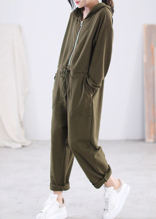 Modern Green Hooded Zippered Drawstring Cotton Overalls Jumpsuit Long Sleeve