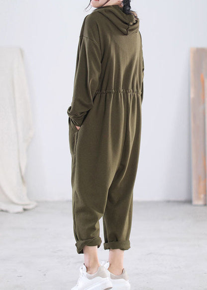 Modern Green Hooded Zippered Drawstring Cotton Overalls Jumpsuit Long Sleeve