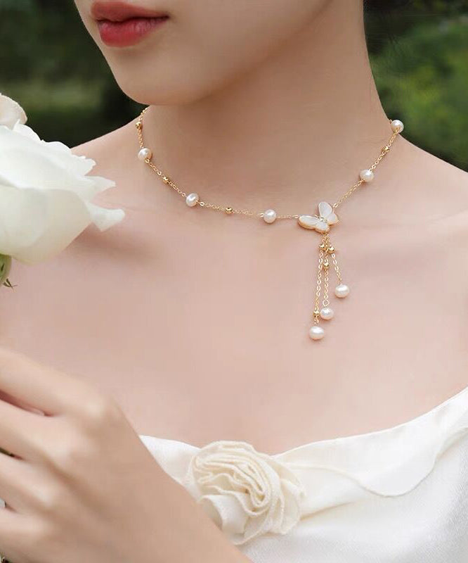Modern White Sterling Silver Alloy Pearl Butterfly Tassel Pendant Necklace Wf026