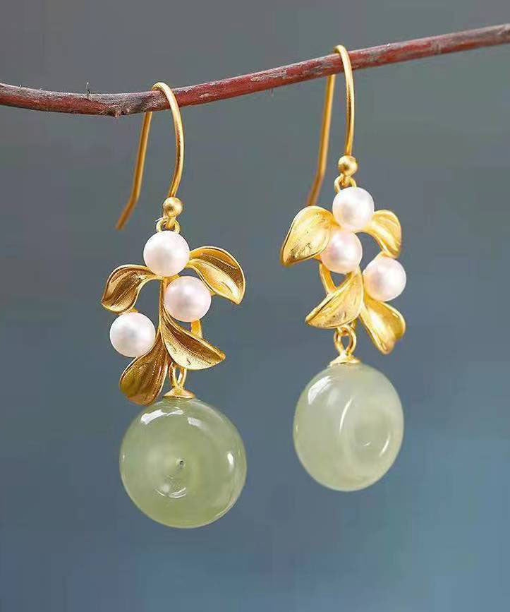 Modern White Sterling Silver Overgild Inlaid Pearl Jade Drop Earrings Tw1013