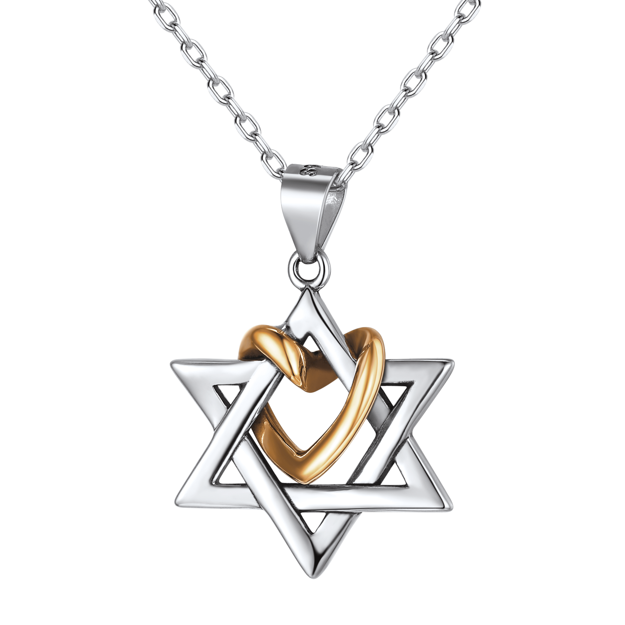 Silver Star of David Pendant With Heart Necklace