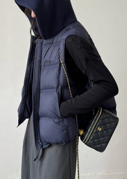 Navy Drawstring Patchwork Duck Down Waistcoat Zippered Winter