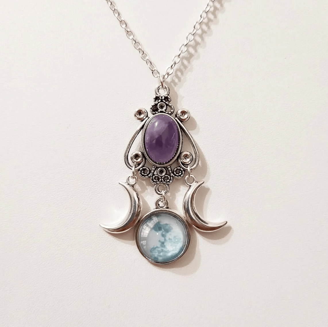 Triple Moon Goddess Amethyst Necklace