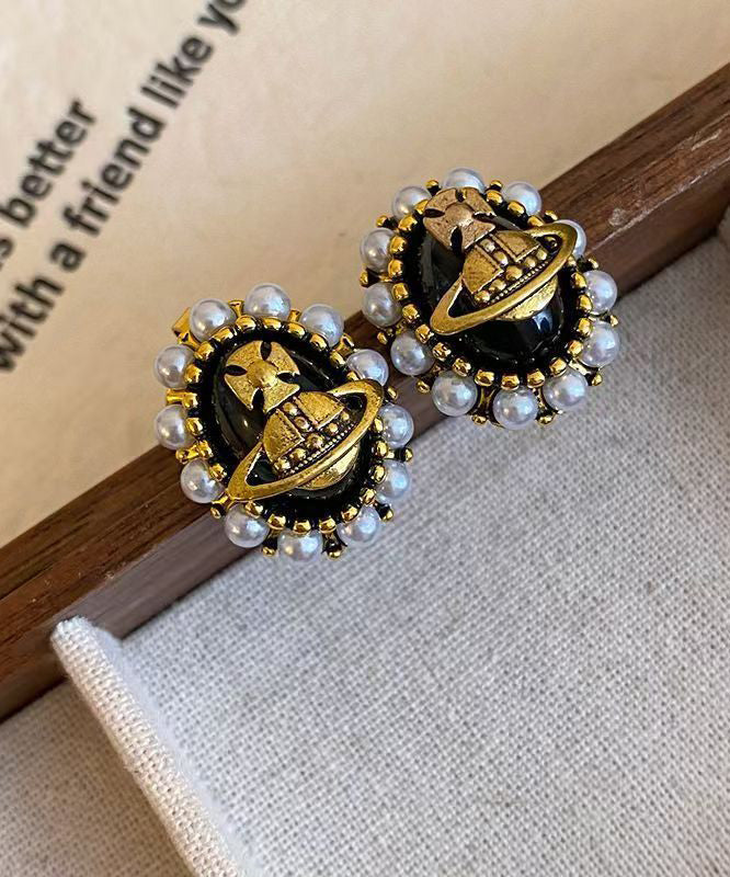 New Black Metal Pearl Stud Earrings