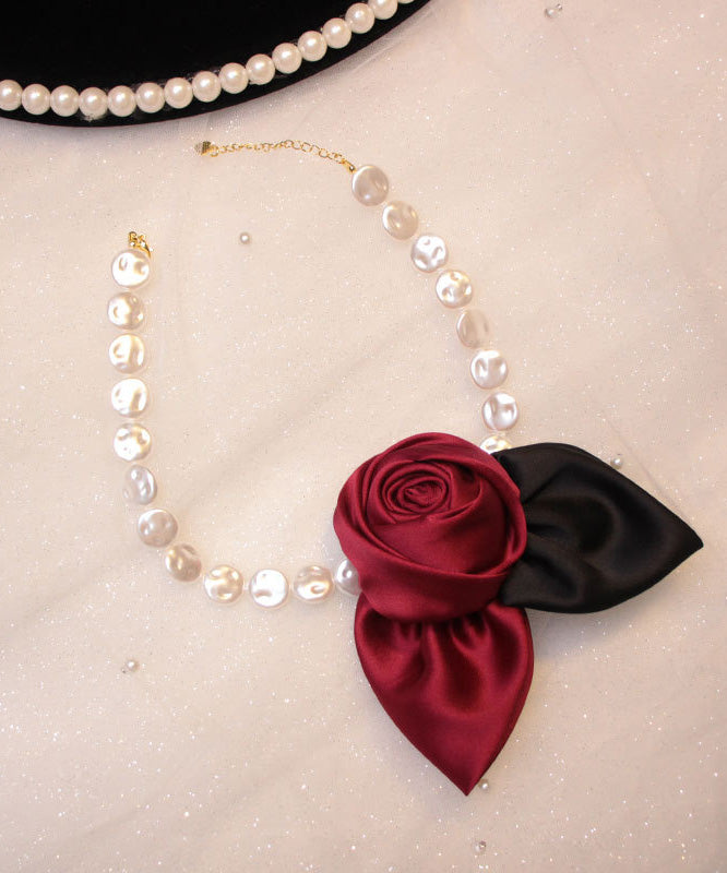 New Red Alloy Pearl Beading Fabric Art Pendant Necklace
