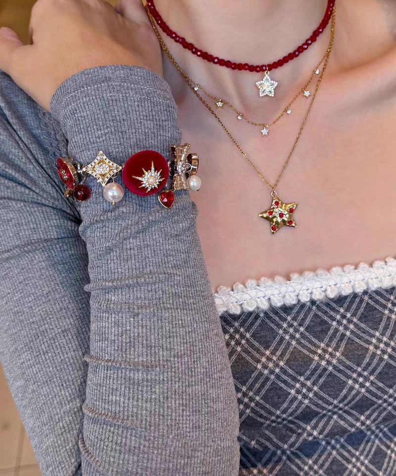 New Year Red Stainless Steel Zircon Pearl Love Charm Bracelet