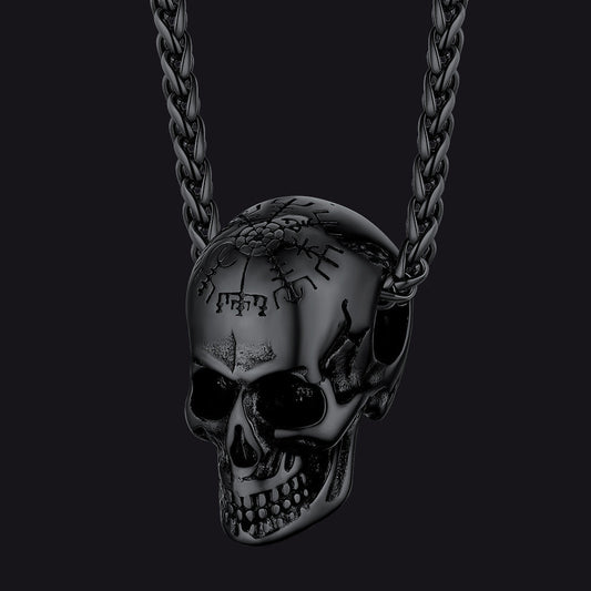 Nordic Viking Compass Skull Pendant Necklace for