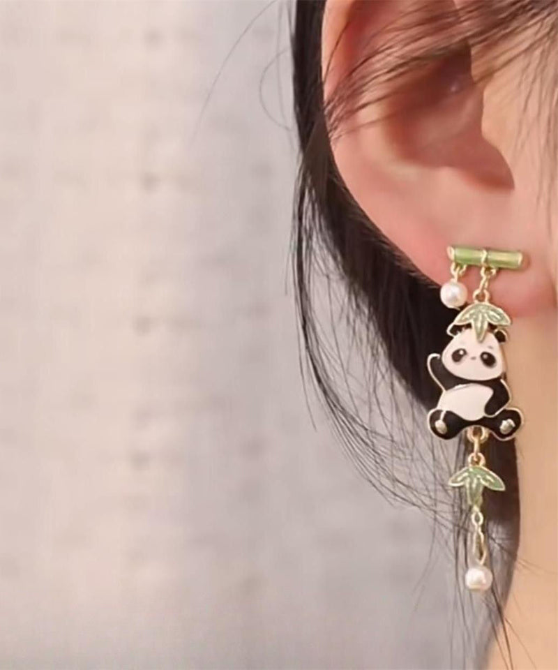 Novelty Colorblock Metal Alloy Zircon Pearl Panda Bamboo Joint Tassel Drop Earrings Kx1050
