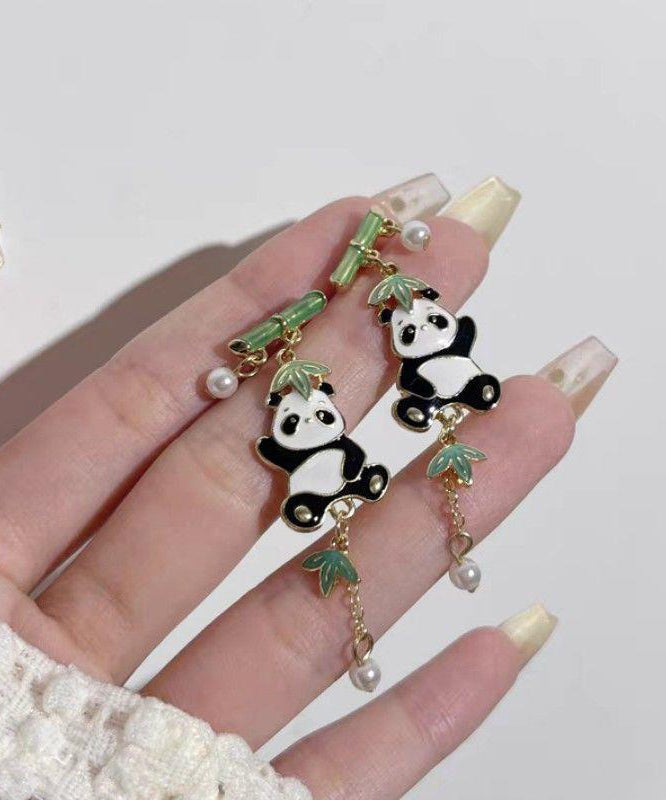 Novelty Colorblock Metal Alloy Zircon Pearl Panda Bamboo Joint Tassel Drop Earrings Kx1050