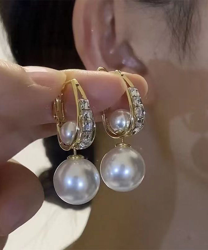Novelty Gold Copper Overgild Pearl Zircon Drop Earrings Kx1038