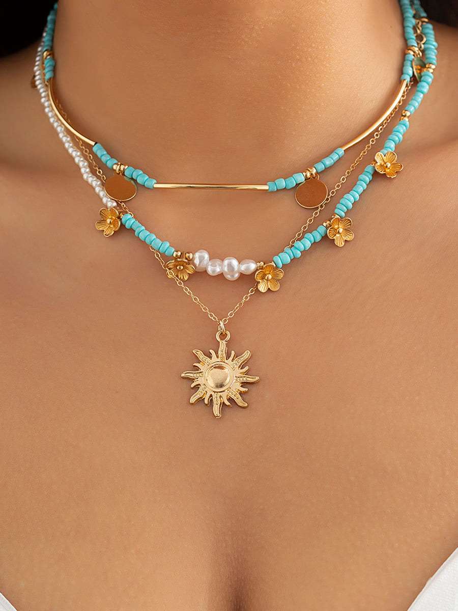3pcs Sun & Faux Pearl Beaded Necklace