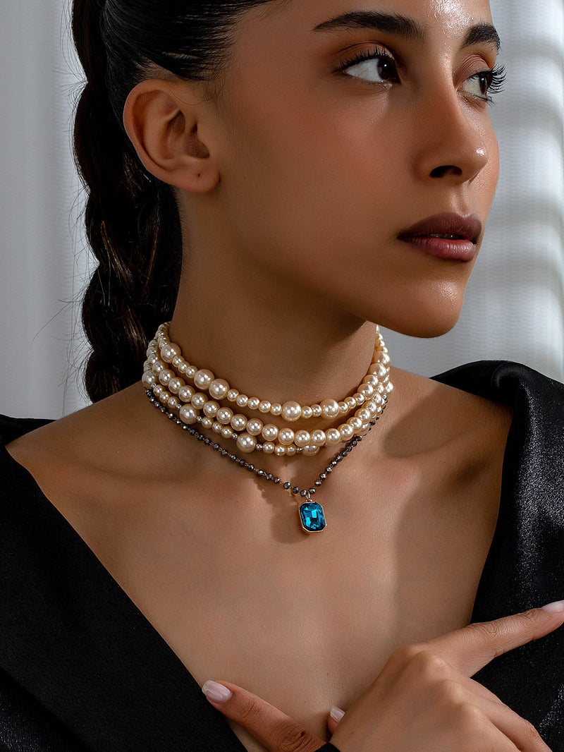 Heavy Layered Cross Imitation Pearl Necklace