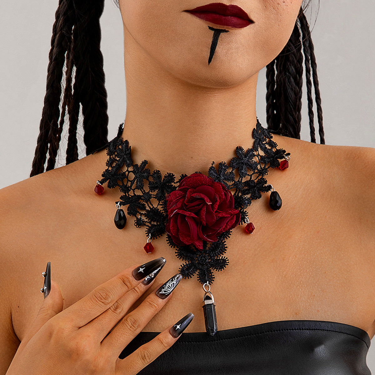 Gothic Red Lace Big Flower Sweet Geometric Pendant Halloween Necklace