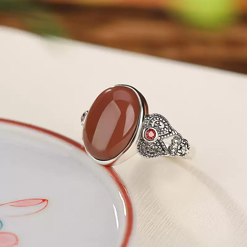 Red Agate Dragon Sterling Silver Ring