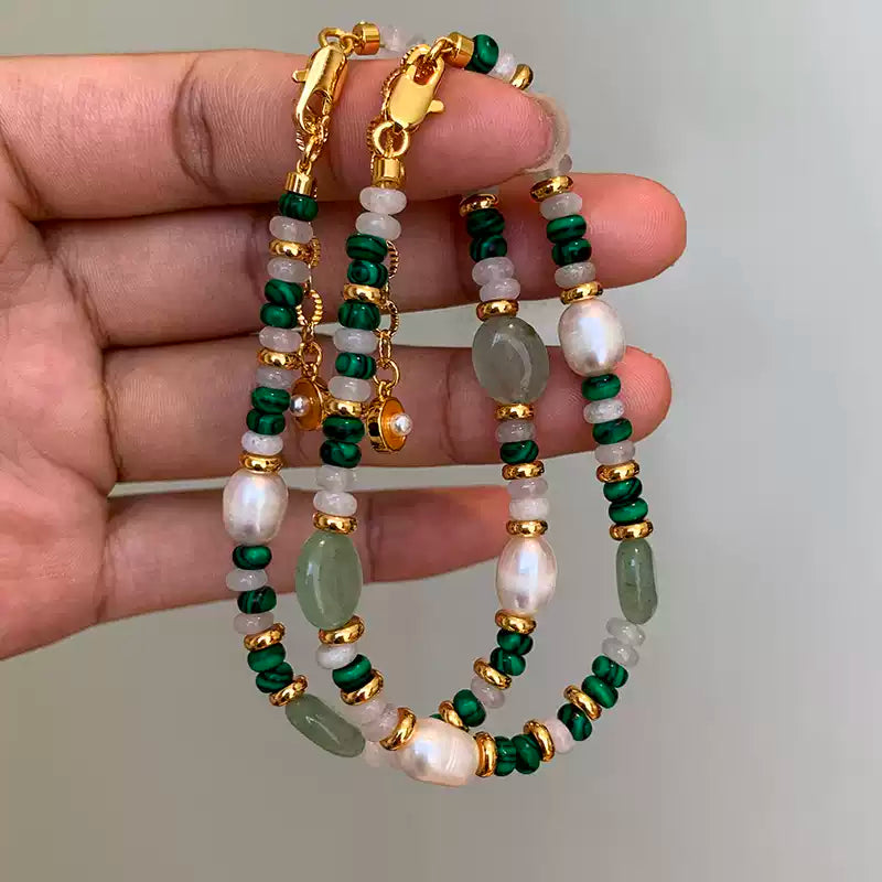 Freshwater Pearl & Malachite Beaded Bracelet
