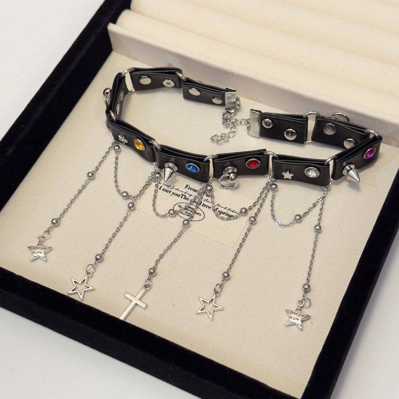 Star Cross Pendant Choker Necklace Y2k Punk Retro Dark Necklace