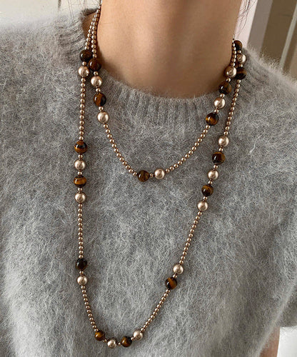Original Design Coffee Tiger's Eye Stone Ball Double Tier Copper Long Necklace
