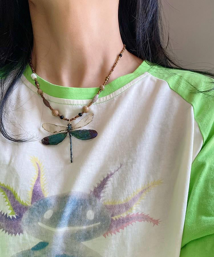 Original Design Colorblock Beading Dragonfly Pendant Necklace Qj052