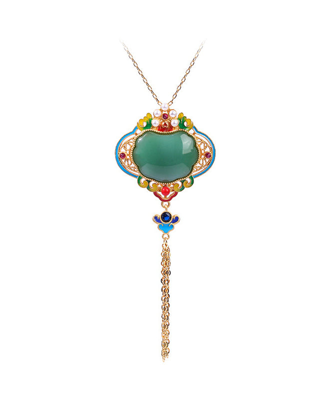 Original Design Rainbow Copper Overgild Jade Pearl Enamel Safety Lock Tassel Pendant Necklace Kx1070