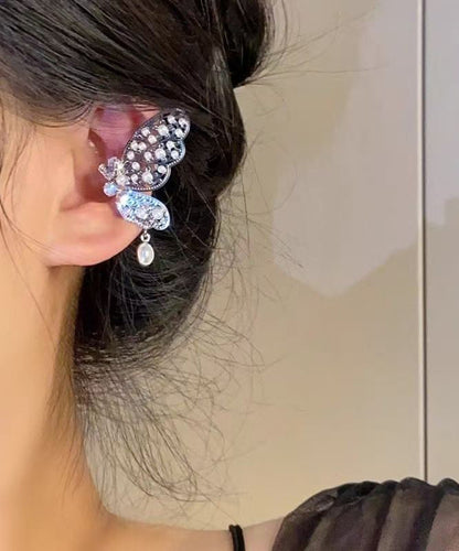 Original Design Silk Copper Overgild Zircon Pearl Hollow Out Butterfly Stud Earrings