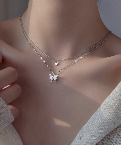 Original Design Silk Sterling Silver Double Layer Butterfly Pendant Necklace Et015