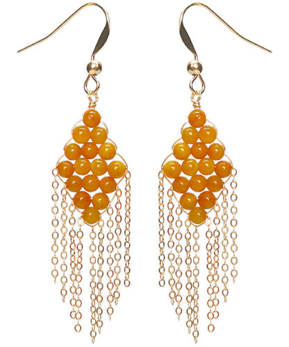 Oversize Yellow 14k Gold Amber Beeswax Tassel Drop Earrings