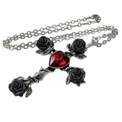 Black Rose Red Crystal Heart Rosifix Cross Necklace by Alchemy Gothic