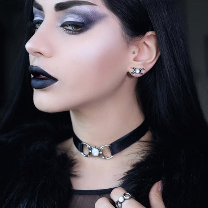 Triple Goddess Moon Pearl Ribbon Choker Necklace by Alchemy Gothic