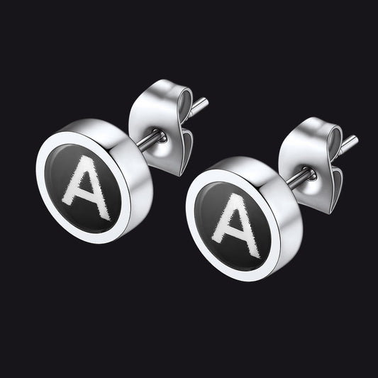 Personalized Black Enamel Initial Letter Stud Earrings for